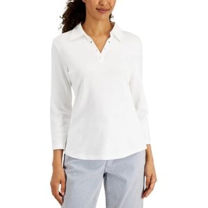 Karen Scott Women’s Studded 3/4 Sleeve Johnny Collar Bright White Sz Medium